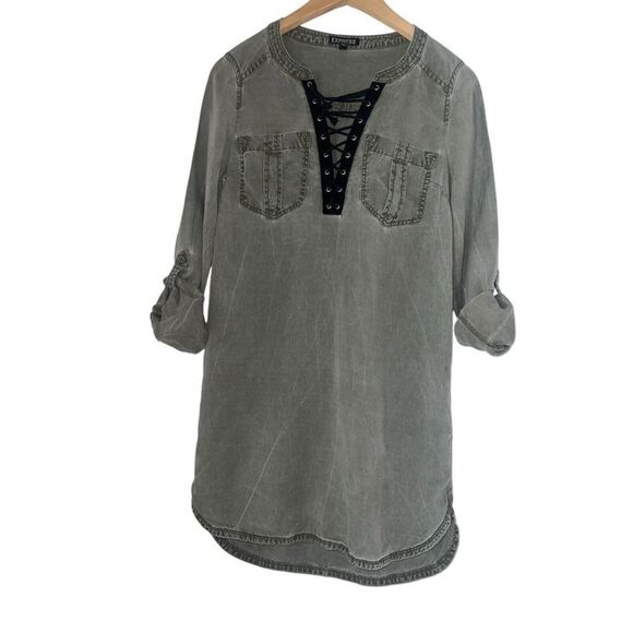 Express Chambray Black Acid Wash Tunic Shirt Dress Size XSmall XS - Picture 3 of 6